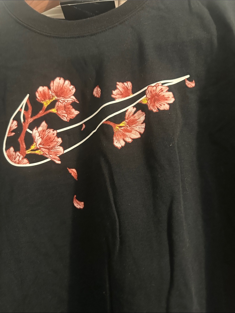 Nike Black Short-Sleeve Tee with Pink Floral Swoosh - Picture 2 of 4